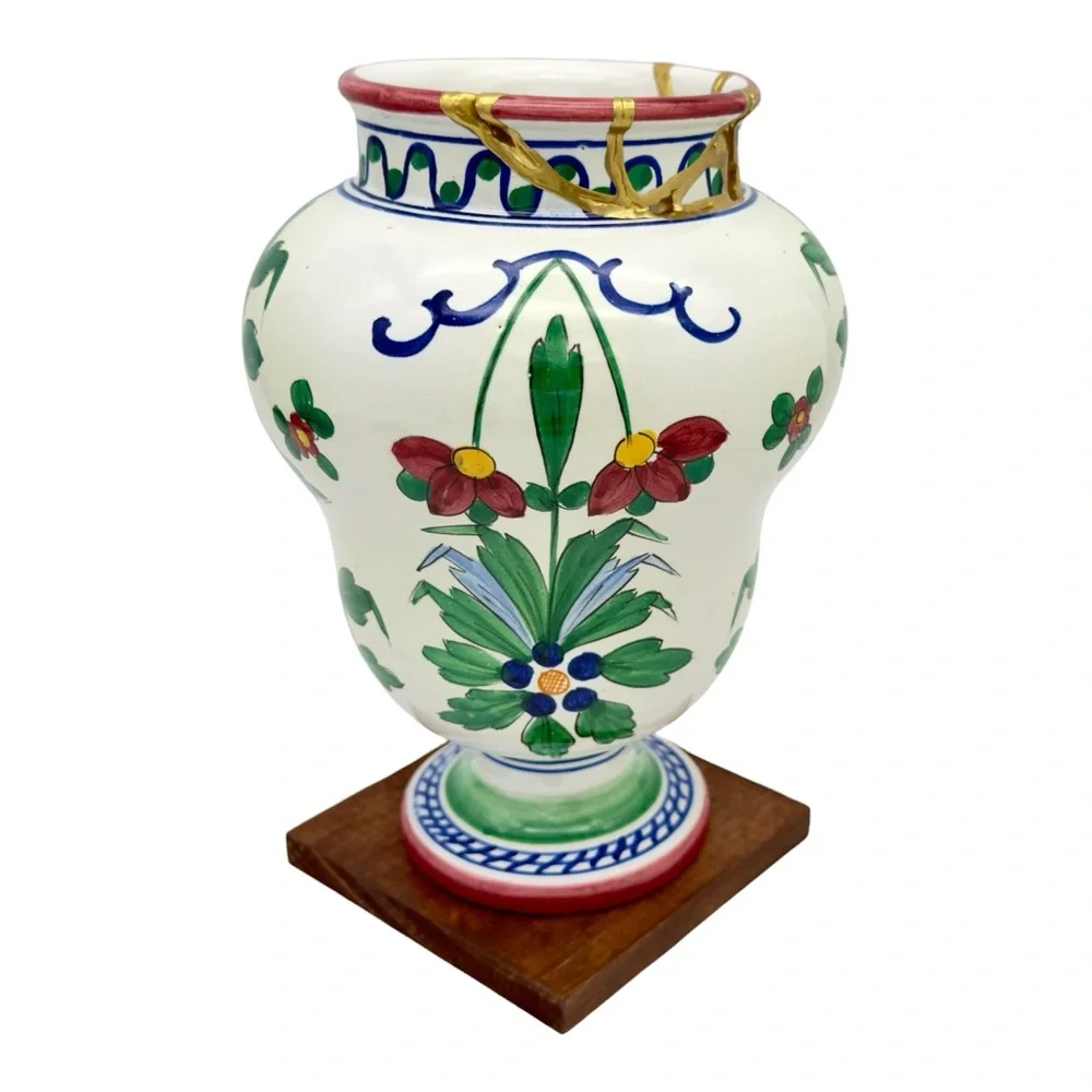 Kintsugi Vase Italian Majolica Pottery Gold Crack Art Personal Growth Gift - Picture 10 of 17